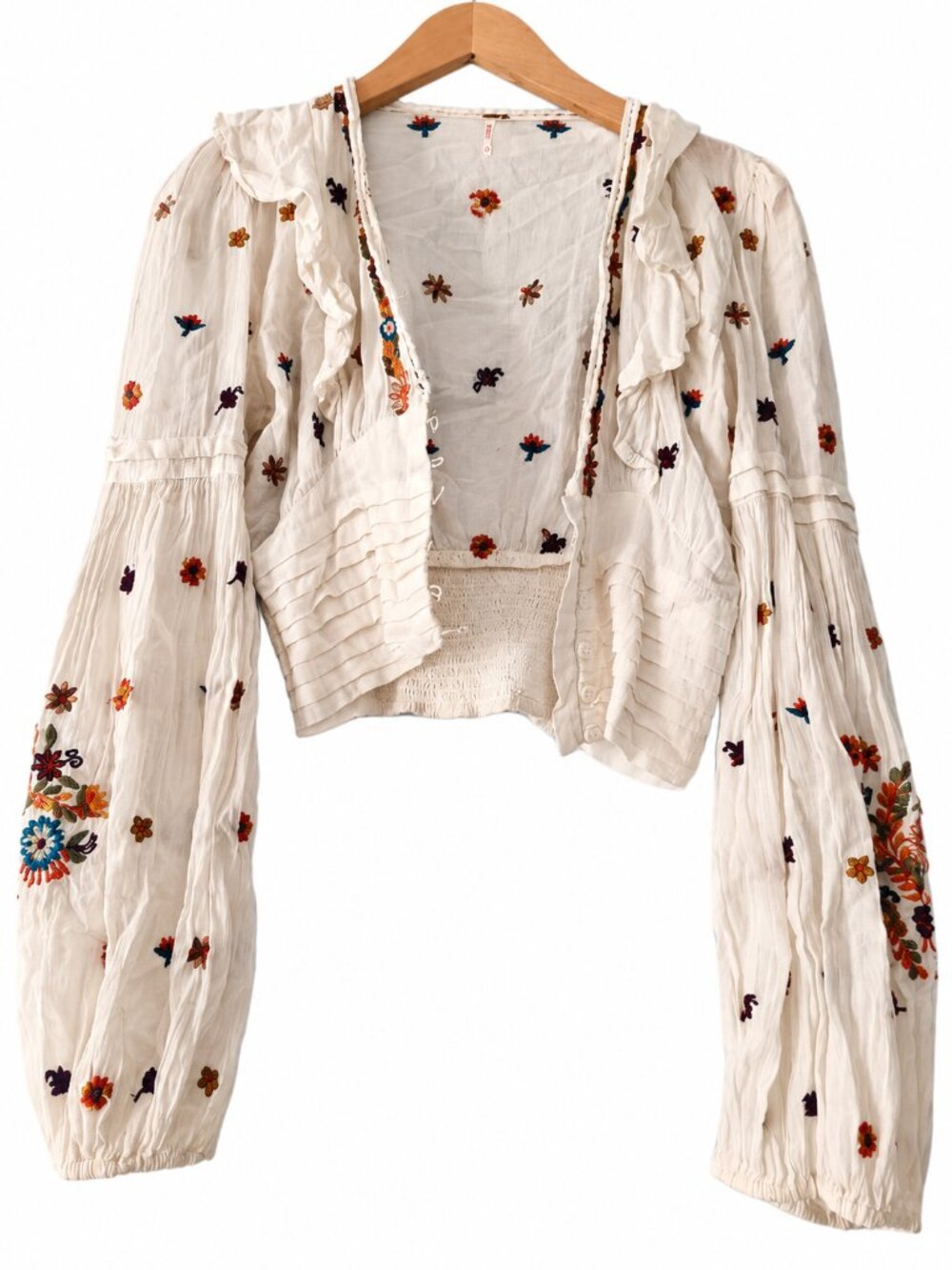 Free People White Floral Embroidered Ruffle Cropped Jacket Bell Sleeve Boho XS